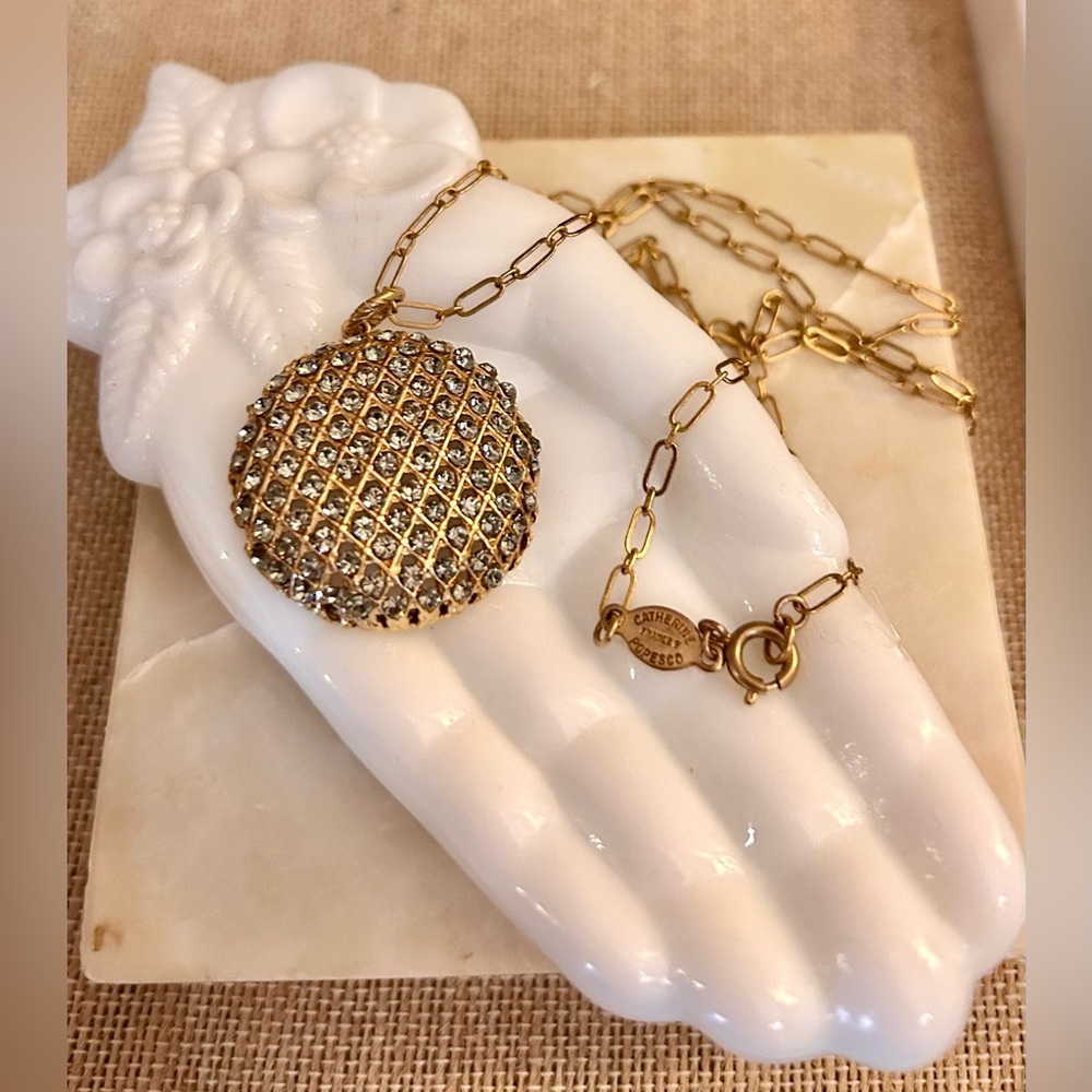 Catherine Popesco Round Pendant Gray Crystals Paperclip Chain Necklace VINTAGE